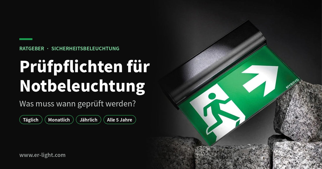 Rettungszeichenleuchte mit Fluchtweg-Piktogramm – Ratgeber zu Prüfpflichten für Notbeleuchtung